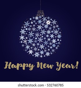 Happy New Year 2017 Snowball Background. Holiday Invitation or Greeting Card with Circle of Snowflakes. Golden Confetti with Snow on Dark Blue Background. Merry Christmas and New Year Template.