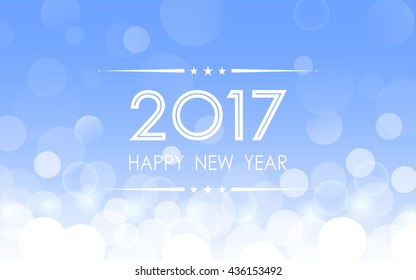 happy new year 2017 with snowflake and bokeh pattern on winter blue background (vector)