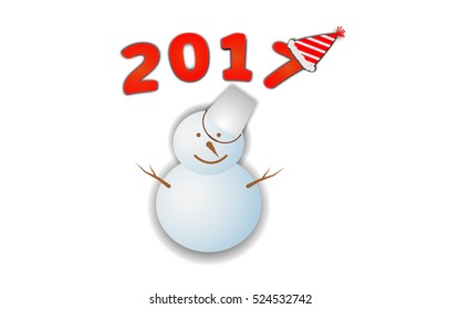 Happy new year 2017 with Snowman on white background.