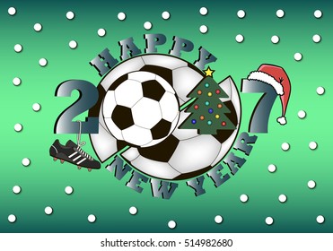 happy new year 2017 and soccer ball with Christmas tree, hat and football boot. Vector illustration