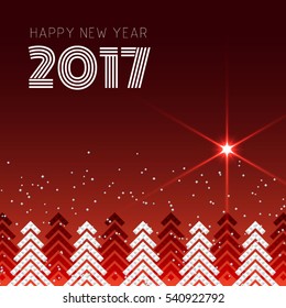Happy New Year 2017 stylized background with Christmas trees, snow and shining star. Vector illustration.