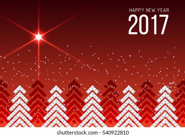 Happy New Year 2017 stylized background with Christmas trees, snow and shining star. Vector illustration.