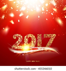 Happy new year 2017 - the template of invitation card. Golden confetti falls over red sky background. Vector illustration.