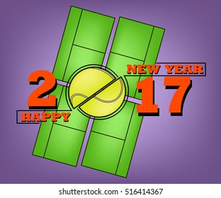 happy new year 2017 and tennis ball against the background of a tennis field. Vector illustration