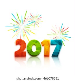Happy new year 2017. Text design of 2017 letter with bright colors. Vector New Year illustration. 2017 letter on white background with firecracker behind 2017
