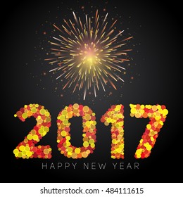 Happy New Year 2017, text in dot style vector illustration on fireworks background