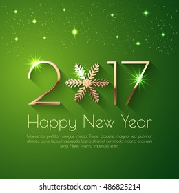 Happy New Year 2017 text design. Vector greeting illustration with golden numbers and snowflake