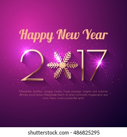 Happy New Year 2017 text design. Vector greeting illustration with golden numbers and snowflake