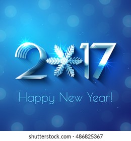 Happy New Year 2017 text design. Vector greeting illustration with golden numbers and snowflake