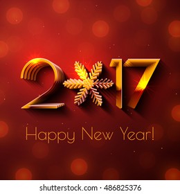 Happy New Year 2017 text design. Red vector greeting illustration with golden numbers and snowflake