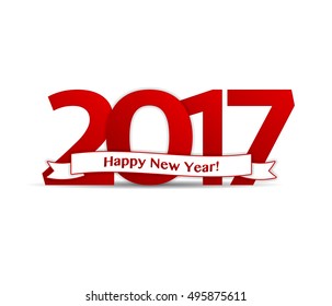 Happy New Year 2017 text with ribbon. Red Christmas vector background