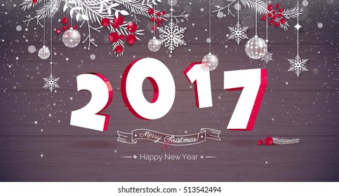 Happy new year 2017 Text Design.2017 number illustration. Happy holidays banner with snowflakes and christmas decoration isolated on wooden background. Greeting card. Vector illustration.