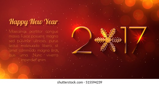 Happy New Year 2017 text design. Vector greeting illustration with golden numbers and snowflake