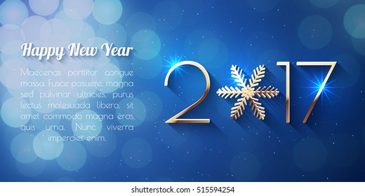 Happy New Year 2017 text design. Vector greeting illustration with golden numbers and snowflake