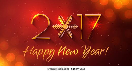 Happy New Year 2017 text design. Vector greeting illustration with golden numbers and snowflake