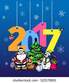 Happy new year 2017 Text Design vector. Hand drawn Christmas illustration with Santa, present, christmas tree and snowman