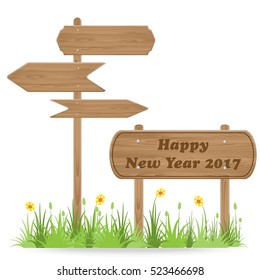 Happy New Year 2017 text on Wooden signpost with grass flower isolated on white. vector illustration