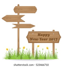 Happy New Year 2017 text on Wooden signpost with grass flower isolated on white. vector illustration