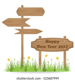 Happy New Year 2017 text on Wooden signpost with grass flower isolated on white. vector illustration