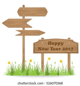 Happy New Year 2017 text on Wooden signpost with grass flower isolated on white. vector illustration