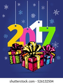 Happy new year 2017 Text Design vector. Hand drawn Christmas illustration with present box