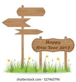 Happy New Year 2017 text on Wooden signpost with grass flower isolated on white. vector illustration