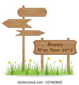 Happy New Year 2017 text on Wooden signpost with grass flower isolated on white. vector illustration