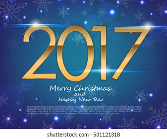 Happy New Year 2017 text design. Vector greeting illustration with golden numbers and snowflake background