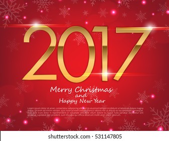 Happy New Year 2017 text design. Vector greeting illustration with golden numbers and snowflake background