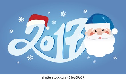 Happy new year 2017 Text Design vector. Santa claus head icon isolated on color background, christmas design, vector illustration graphic