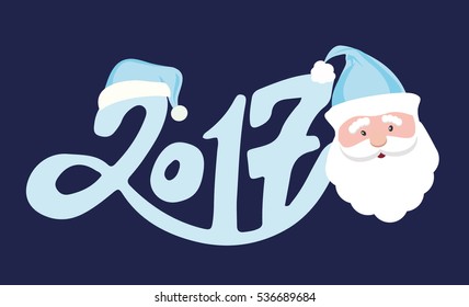Happy new year 2017 Text Design vector. Santa claus head icon isolated on color background, christmas design, vector illustration graphic