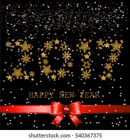 Happy New Year 2017 text design. Greeting illustration with golden numbers and snowflake. Red festive ribbon with a bow. Vector.