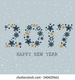 Happy New Year 2017 text design. Greeting illustration with golden numbers and snowflake. Red festive ribbon with a bow. Vector