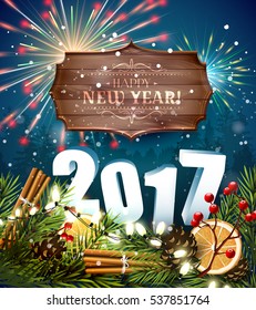 Happy New Year 2017 - traditional decorations, 3D numbers and wooden sign with calligraphic inscription on blue background