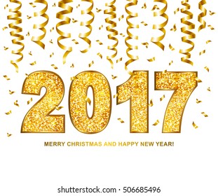 Feliz Año Nuevo 2017 textura de brillo de oro tipo oro con serpentina y confetti aislado en fondo blanco. Ilustración vectorial.