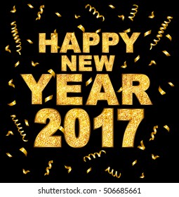 Happy new year 2017 type gold glitter texture with serpentine. Vector illustration.