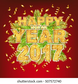 Happy new year 2017 type gold glitter texture with serpentine and fir-tree. Vector illustration.