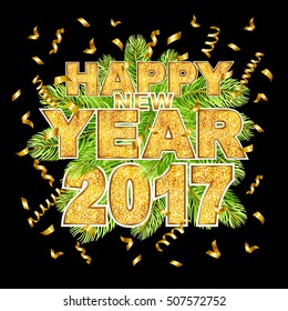 Happy new year 2017 type gold glitter texture with serpentine and fir-tree. Vector illustration.