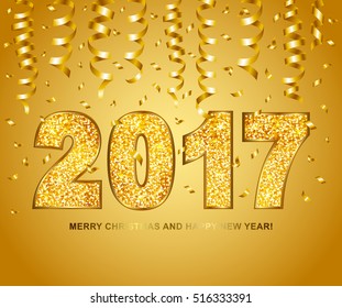 Happy new year 2017 type gold glitter texture with serpentine and confetti  on gold background. Vector illustration.