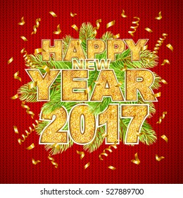 Happy new year 2017 type gold glitter texture with serpentine and fir-tree on knitted background. Vector illustration.