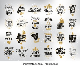Happy New Year 2017 typographic emblems set. Vector logo, text design. Black, white and gold. Usable for banners, greeting cards, gifts etc.
