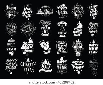 Happy New Year 2017 typographic emblems set. Vector logo design. Black and white. Usable for banners, greeting cards, gifts etc.