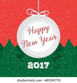 Happy New Year 2017 typographic greeting card design. Holiday graphic vector illustration for logo, labels, postcards, invitations, banners, prints. Red background with christmas tree and snowflakes