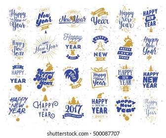 Happy New Year 2017 typographic emblems set. Vector logo design. Black and white. Usable for banners, greeting cards, gifts etc.
