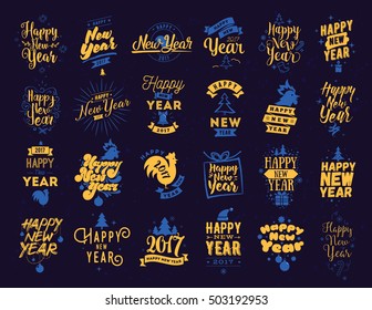 Happy New Year 2017 typographic emblems set. Vector logo design. Black and white. Usable for banners, greeting cards, gifts etc.