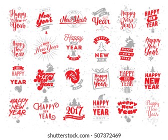 Happy New Year 2017 typographic emblems set. Vector logo design. Black and white. Usable for banners, greeting cards, gifts etc.