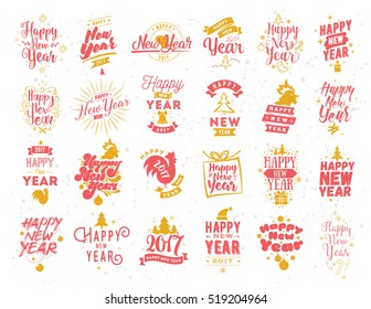 Happy New Year 2017 typographic emblems set. Vector logo design. Black and white. Usable for banners, greeting cards, gifts etc.