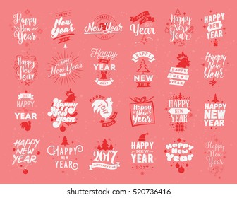 Happy New Year 2017 typographic emblems set. Vector logo design. Black and white. Usable for banners, greeting cards, gifts etc.