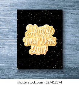 Happy New Year 2017 typographic golden text on label over black background. Vector greeting card template with season greetings