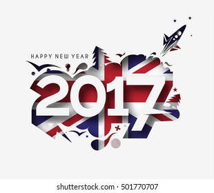 Happy new year 2017 with U.K Flag Pattern Text Vector Design Background